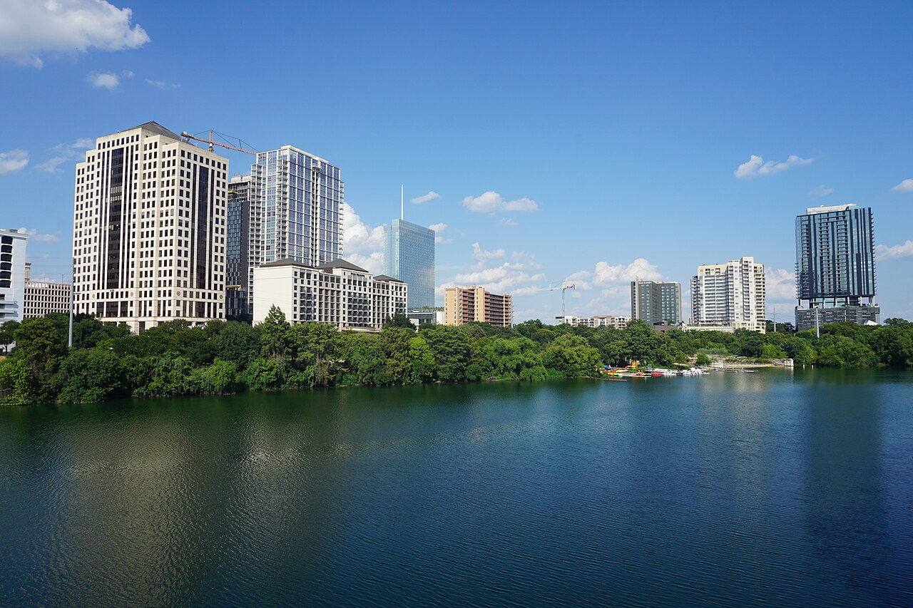 Austin skyline across Lady Bird Lake, photographed in August 2019