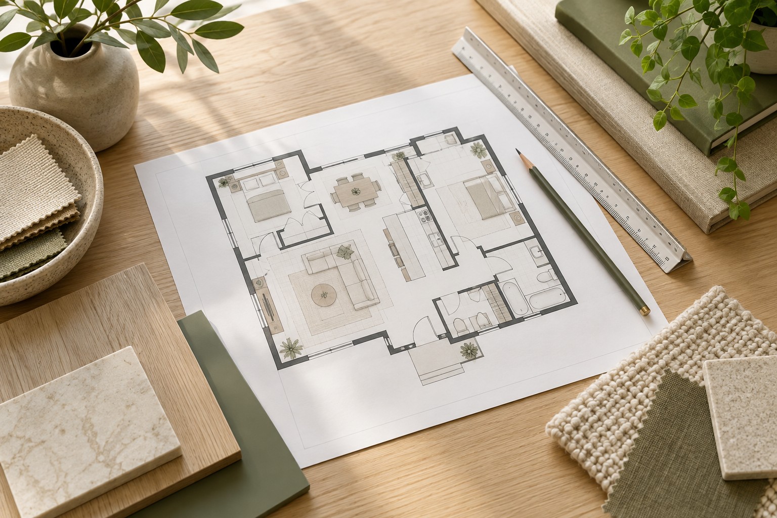 A residential floor plan, ruler, pencil, and material samples on a desk