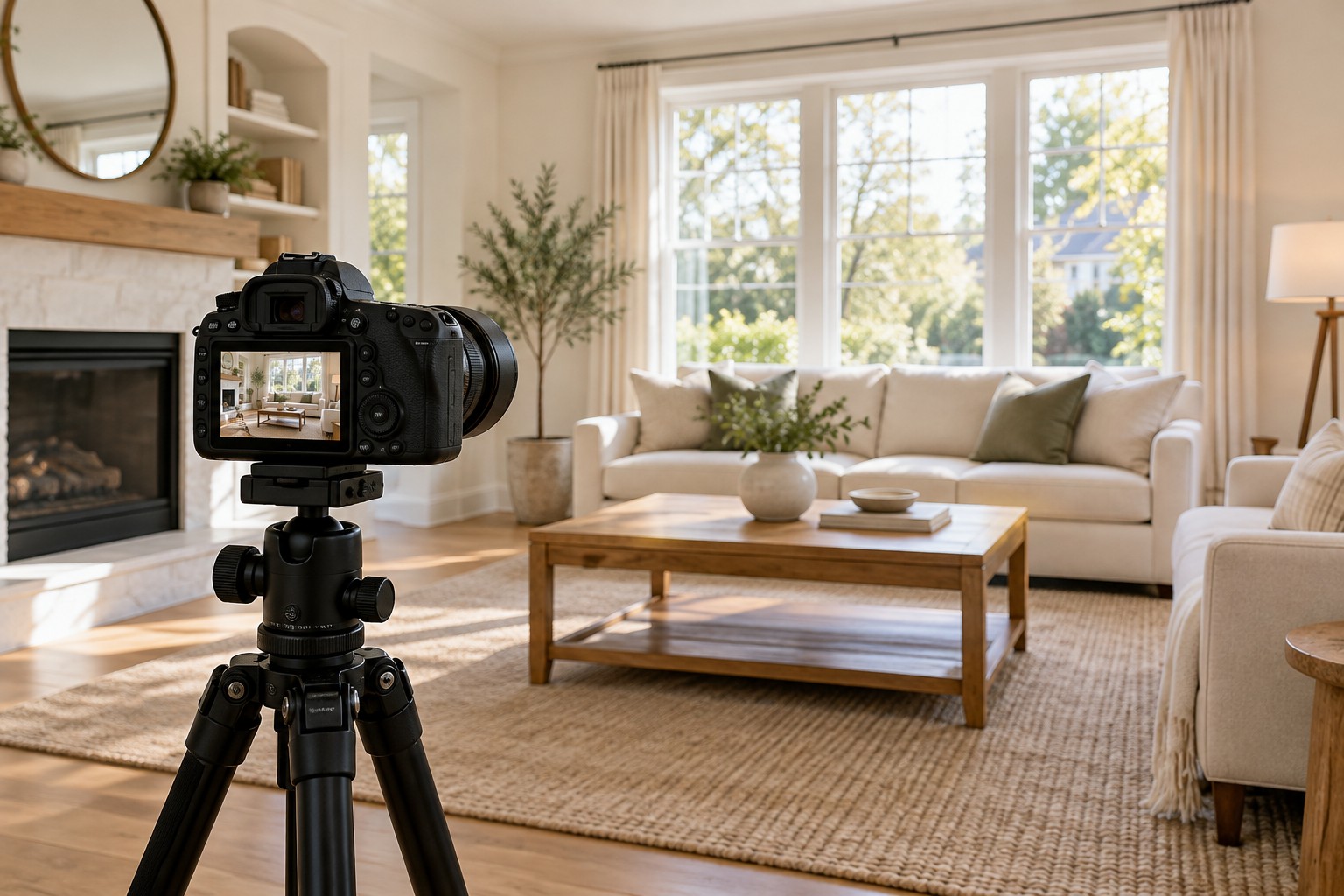 A camera on a tripod facing a living room prepared for listing photography