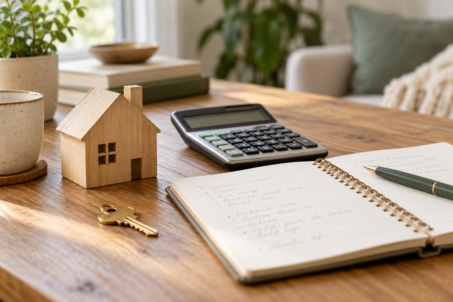 A wooden house model, calculator, notebook, and key on an oak table