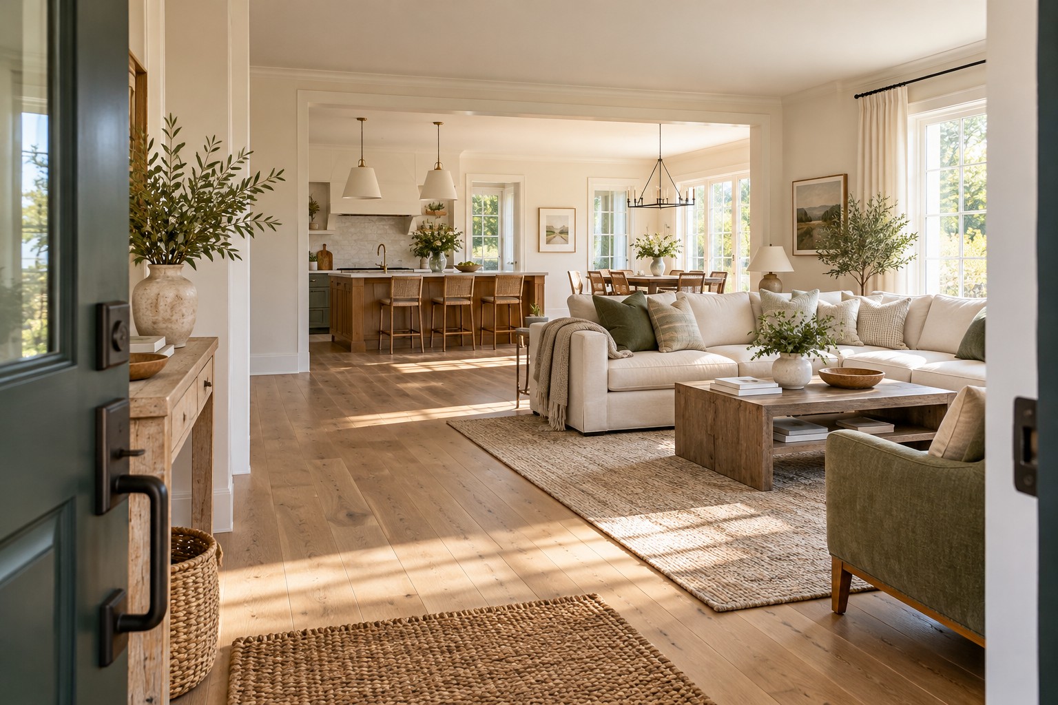 A sunlit living room viewed from an open entry, with the kitchen beyond